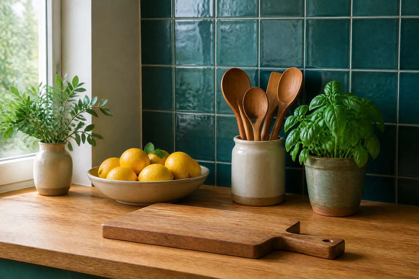 A tidy kitchen worktop in daylight with a wooden board, a bowl of lemons, wooden spoons and fresh basil against teal tiles