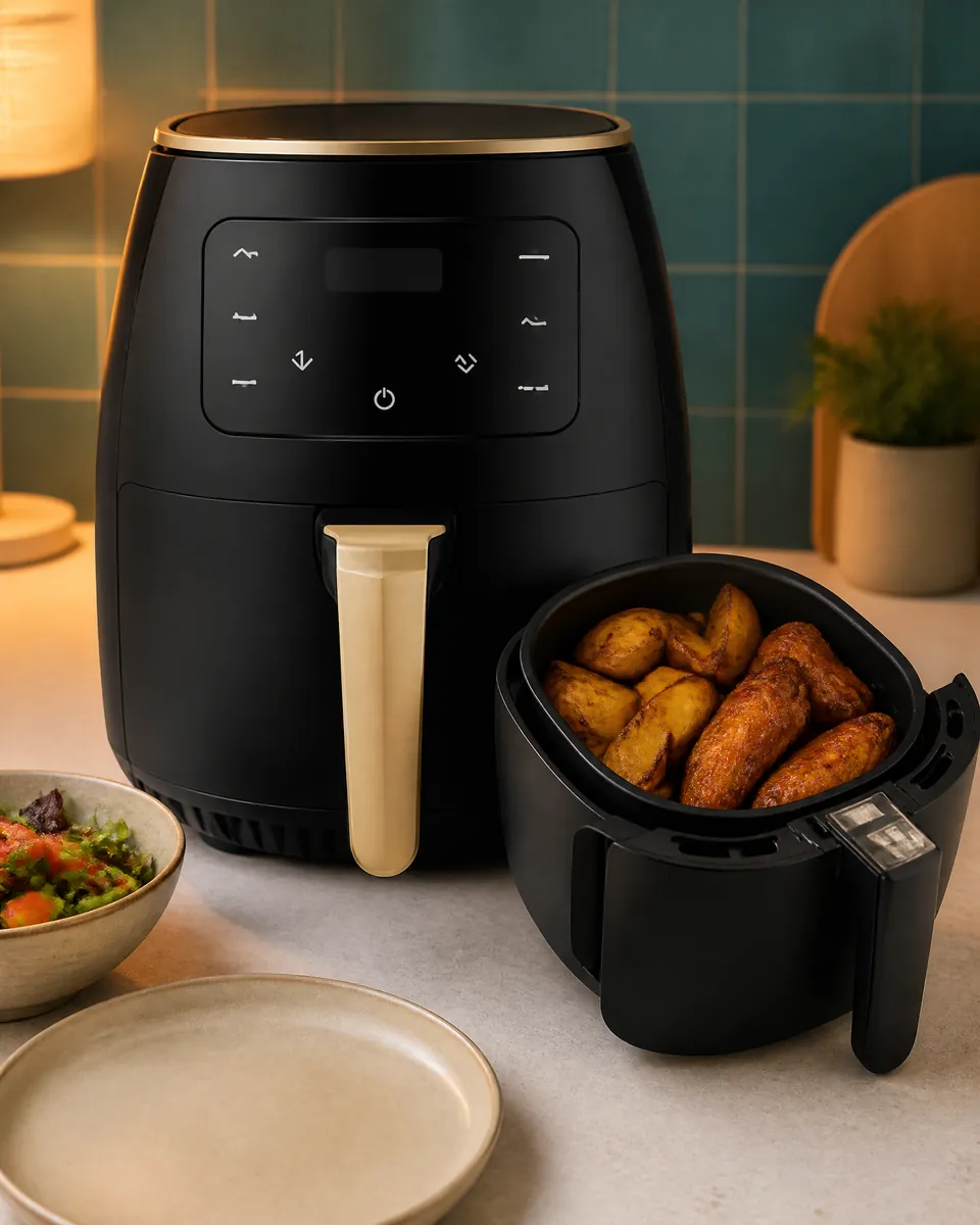 The black air fryer on a stone worktop with its basket pulled out, full of golden potato wedges and chicken wings