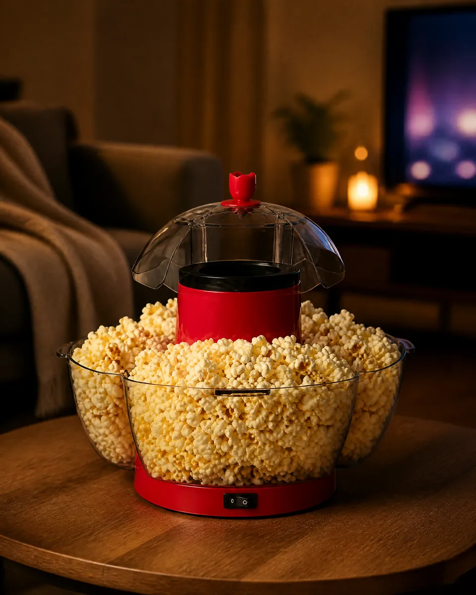 The red popcorn maker on a coffee table in the evening, its four clear bowls full of popcorn