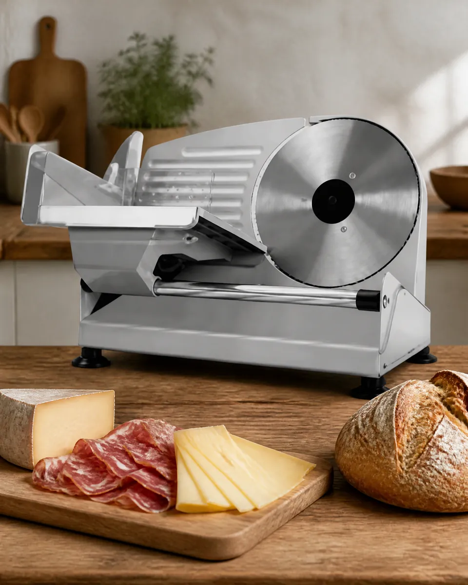 The silver food slicer on a wooden worktop with thin slices of cured ham and cheese fanned out on a board