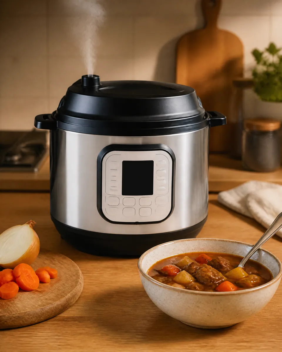 The pressure cooker on a worktop with a wisp of steam from its valve, beside a bowl of beef stew