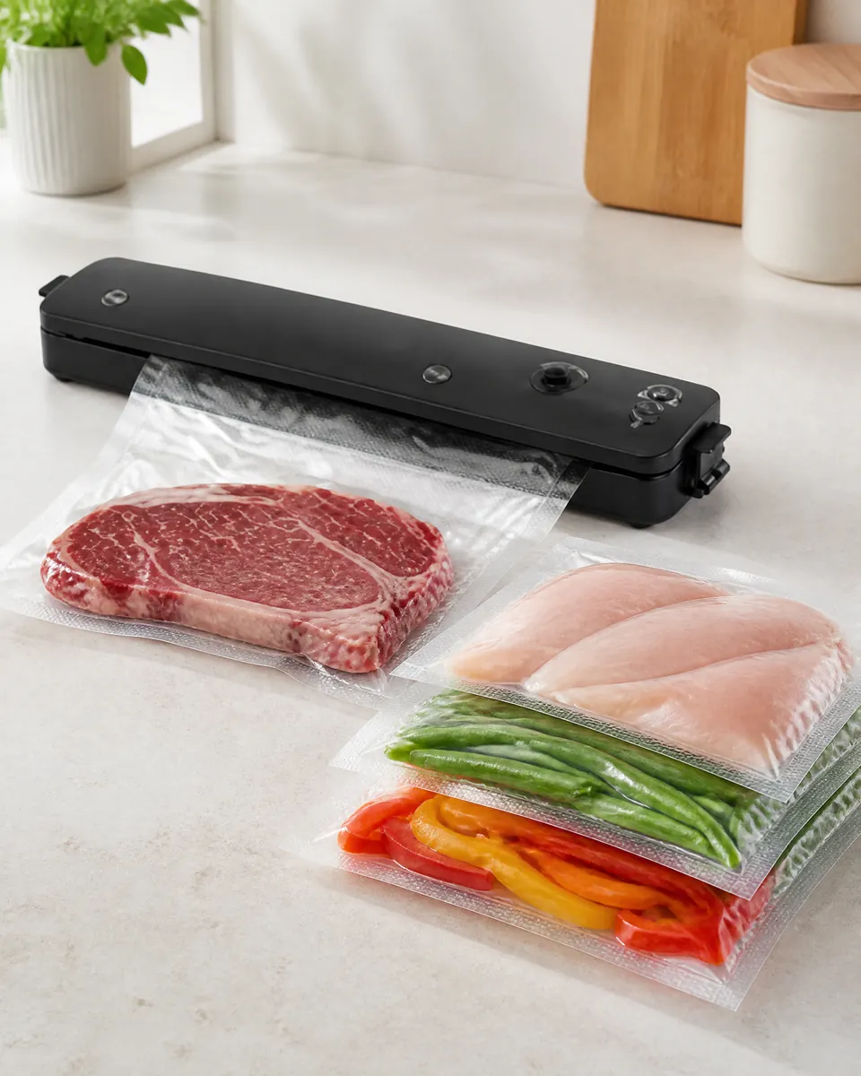 The black vacuum sealer beside flat sealed bags of chicken, green beans and sliced peppers