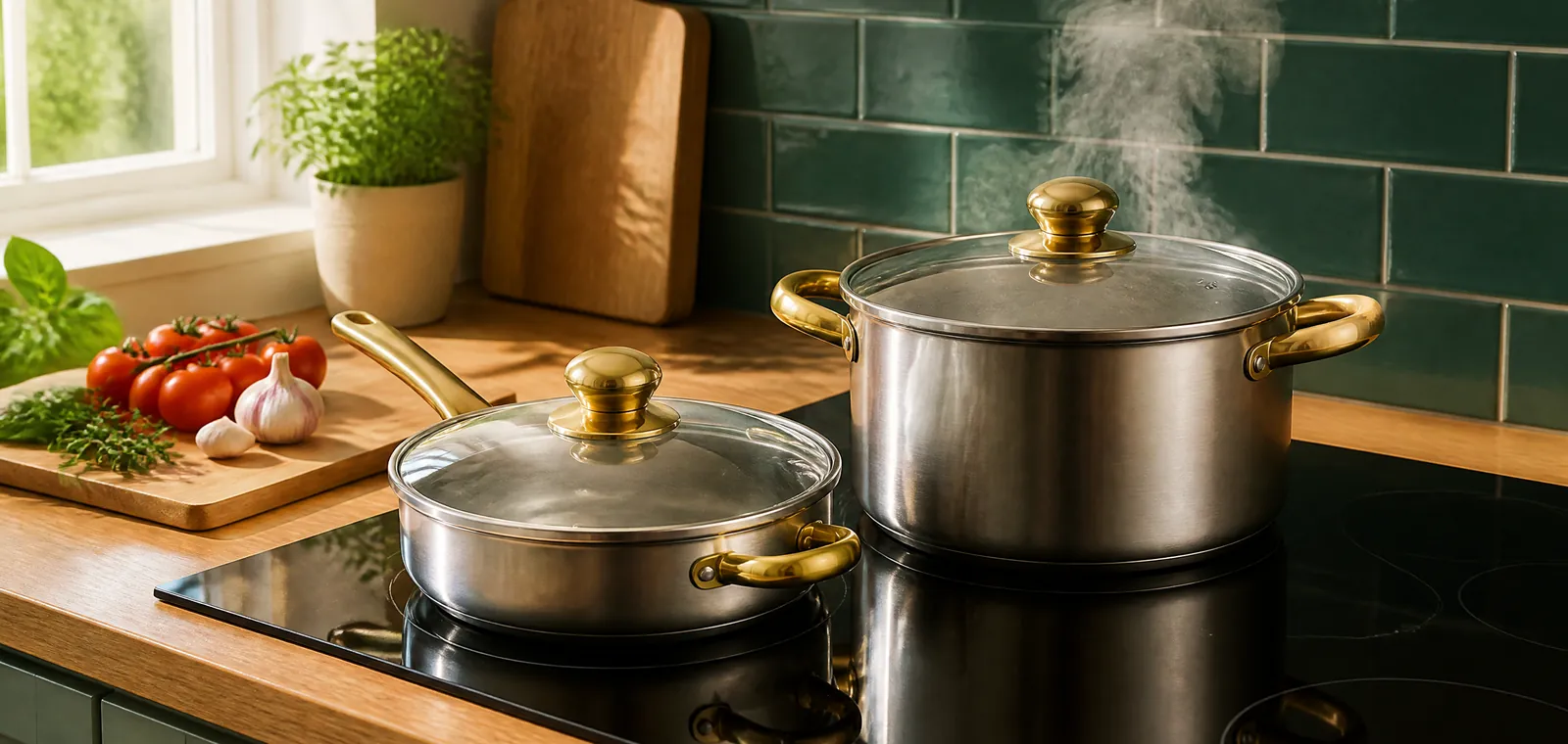 A stainless steel stockpot and frying pan with glass lids on an induction hob, steam rising, fresh tomatoes and herbs beside them