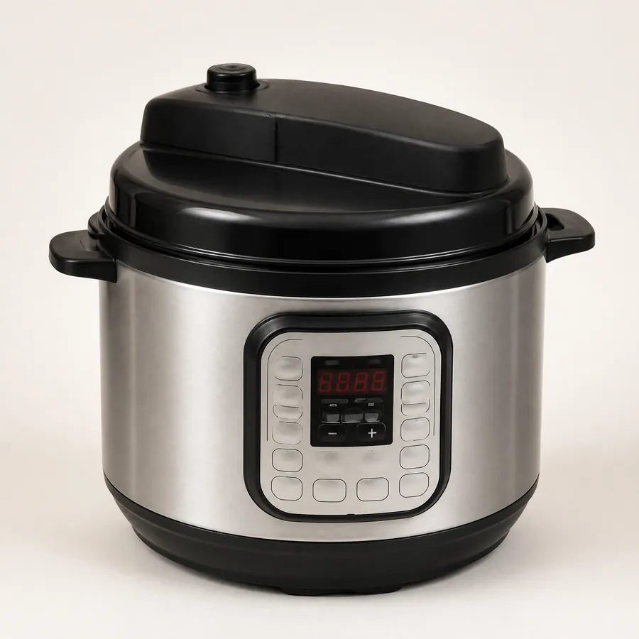 The stainless steel electric pressure cooker with a black locking lid and a front control panel