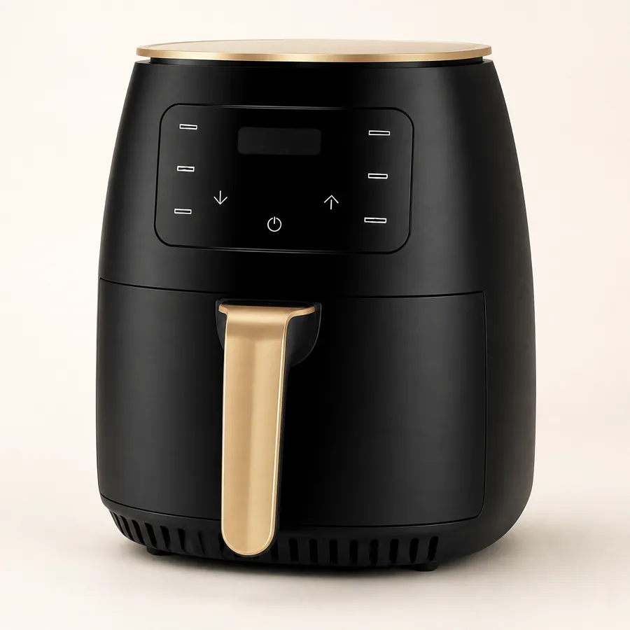The matt black air fryer with a champagne-gold handle and touch control panel