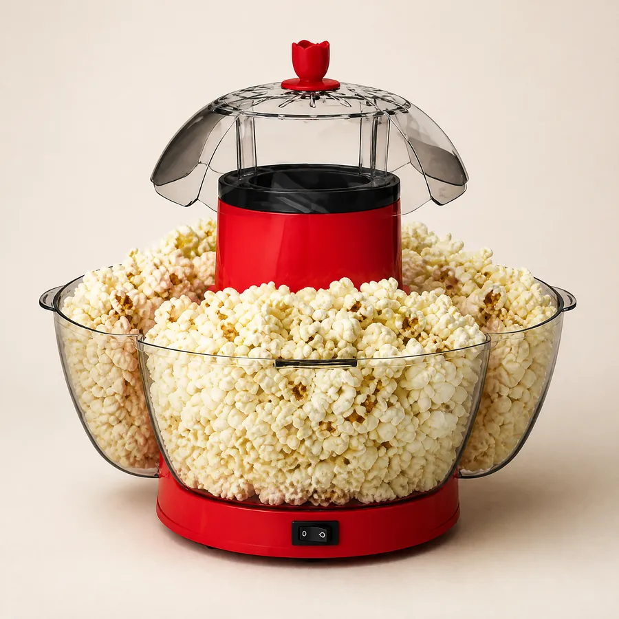 The red hot-air popcorn maker with a clear dome and four clear bowls full of popcorn