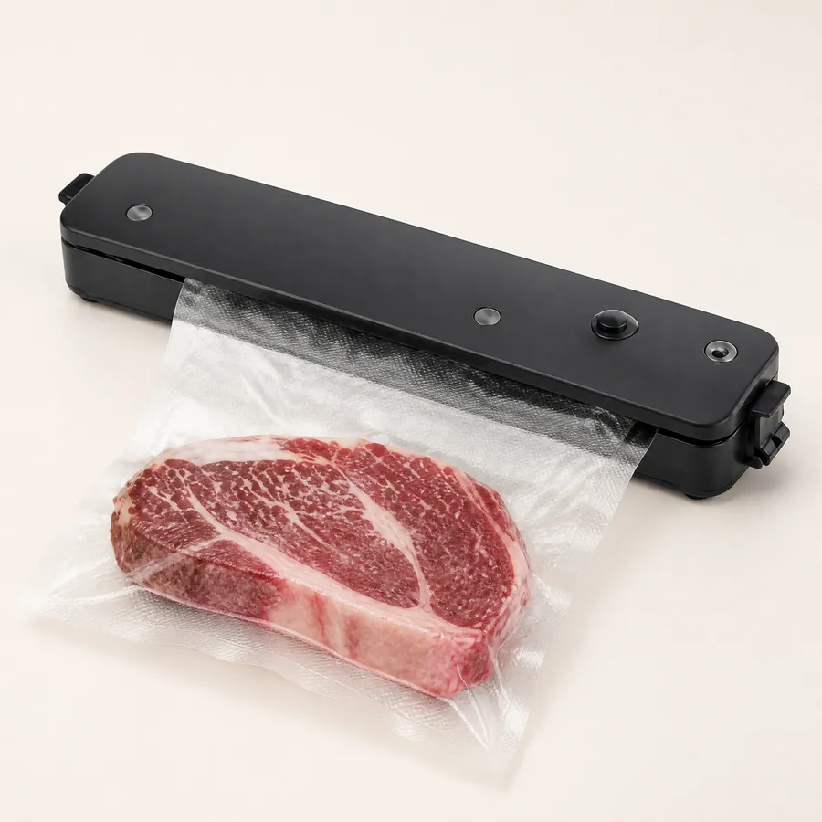 The slim black vacuum sealer with a steak sealed tight in a clear vacuum bag
