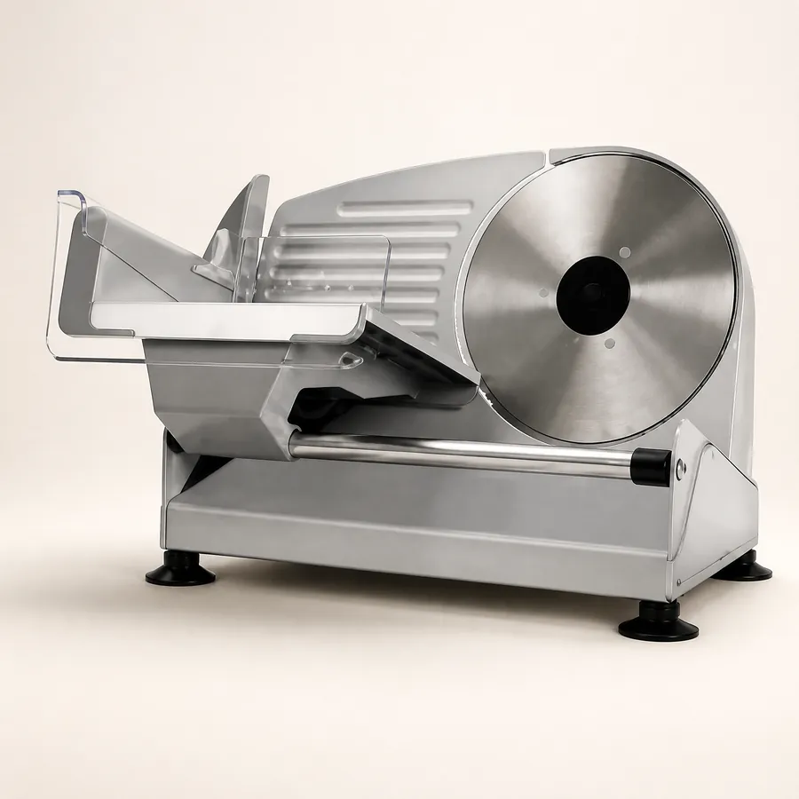 The silver electric food slicer with a round stainless steel blade and sliding carriage
